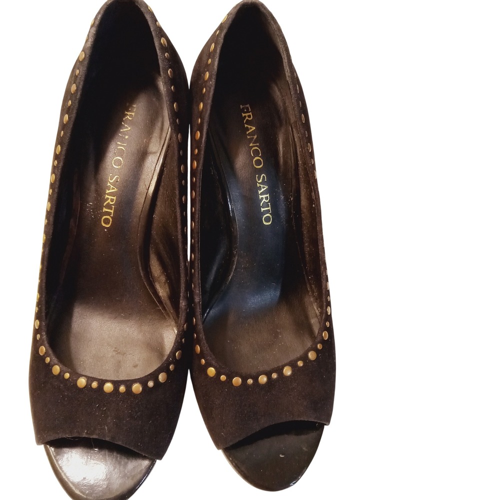 Franco Sarto Womens Black Suede Patent Wedge Peep Toe Studded Heels Size 7.5W